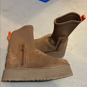 UGG Women's Brown Suede Platform Ankle Boots with Orange Pull Tabs